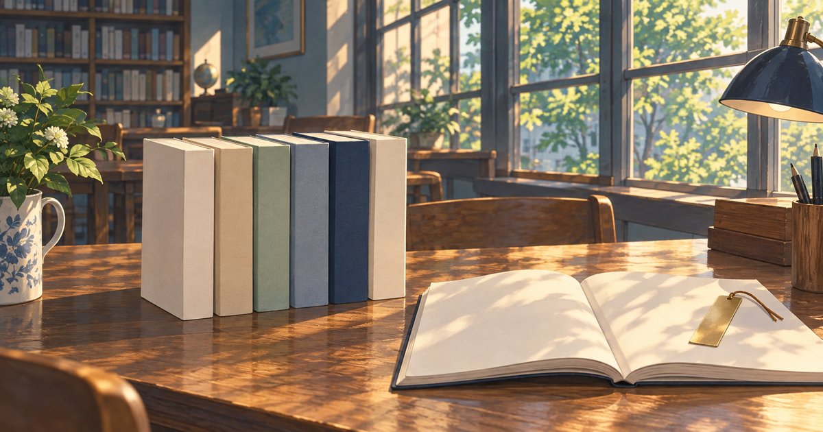 窓辺の読書机に6冊の無地の本と開いたノートを描いたイラスト